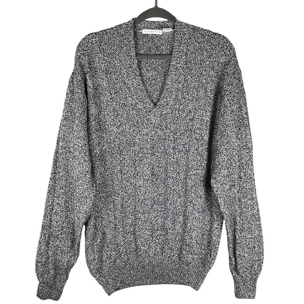 Claiborne V-Neck Sweater Mens Large Black White Marled Cotton Pullover New VTG